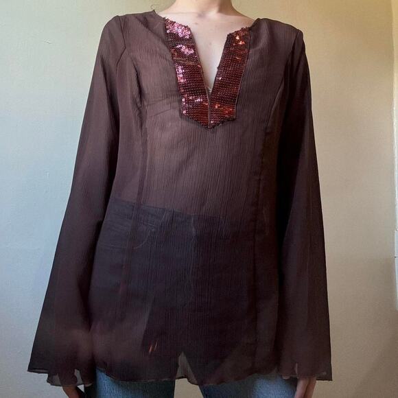 Soulmates Tops - Vintage Soulmates Sheer Brown Sequined Blouse Small Witchy 70s Stevie Nicks